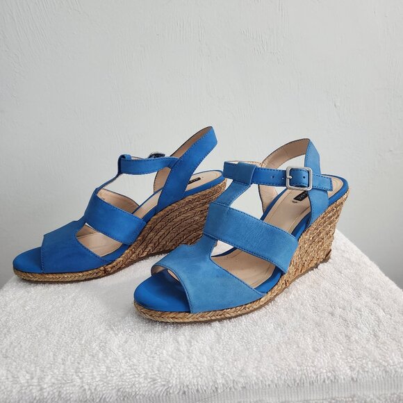 Alex Marie Blue Suede T-Strap High Wedge Fashion Espadrilles 8M - Picture 1 of 9
